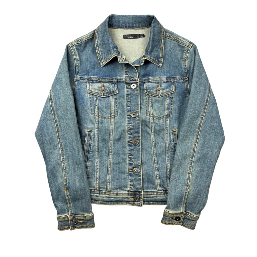 Prana Womens Small Abbot Denim Trucker Jacket Organic Cotton Blend Blue Stretch